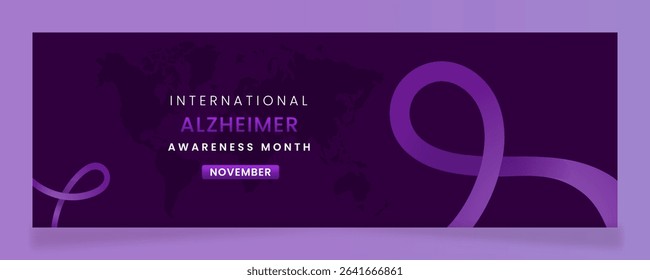 Alzheimer awareness campaign banner with Purple ribbon symbols on gradient pastel light Purple background.