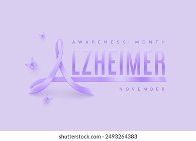 Alzheimer awareness concept with 3D vector purple ribbon in shape of letter A on light background. November is alzheimer awareness month. Vector horizontal poster