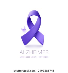 Concepto de conciencia de Alzheimer con cinta púrpura de Vector 3D sobre fondo blanco. Noviembre es el mes de la conciencia del alzheimer. póster de Vector