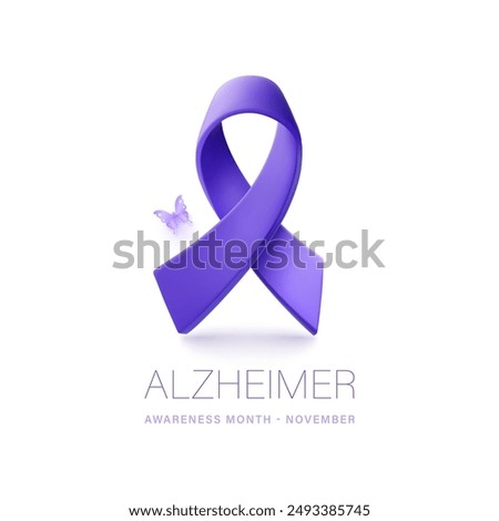 Alzheimer awareness concept with 3D vector purple ribbon on white background. November is alzheimer awareness month. Vector poster