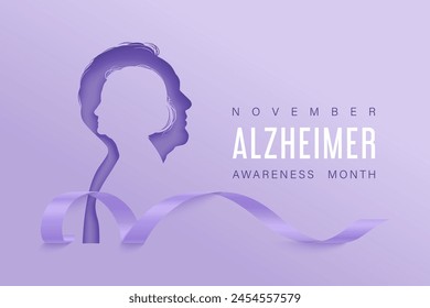 Alzheimer awareness concept with paper cut silhouettes of old man and woman. Vector horizontal poster with purple ribbon