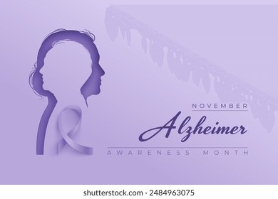 Alzheimer awareness concept with paper cut silhouettes of old man and woman on a lilac background. Vector horizontal poster with purple ribbon