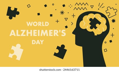 Alzheimer awareness day vector illustration with doodles. Abstract human head profile. Autism, memory loss, dementia, epilepsy disease. Human brain lacking a piece of puzzle. Concept of brain function