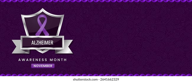 Alzheimer Awareness Month banner, with Purple ribbon, shield design.