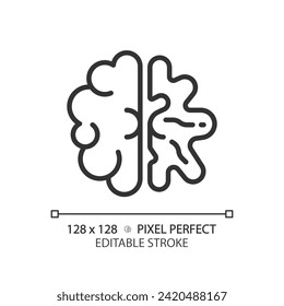 Alzheimer brain linear icon. Neurological disorder, dementia care. Cognitive development, brain damage. Thin line illustration. Contour symbol. Vector outline drawing. Editable stroke