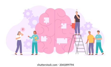 Alzheimer or dementia disease concept with elder characters and doctors. Flat human brain with lost memory. Neurology disorder vector poster. Doctors collecting brain puzzle to treat illness