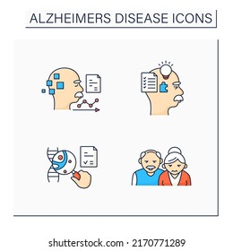 Alzheimer Disease Color Icons Set. Cognitive, Memory,genetic Testing, Statistics. Elderly Man And Woman.Neurologic Disorder Concept.Isolated Vector Illustrations