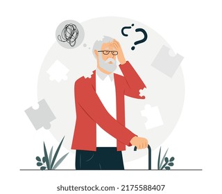 Alzheimer disease concept. Elderly man forgot dear, grandfather with amnesia or dementia. Brain problems and memory lapses, medical poster or banner for website. Cartoon flat vector illustration