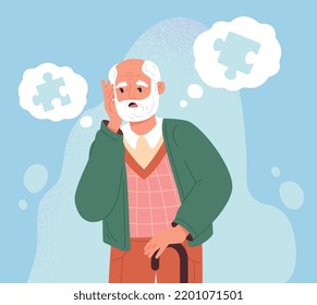 Alzheimer disease concept. Elderly man with partial memory loss and puzzle pieces in speech bubble. Upset Confused Grandpa with Dementia or Parkinson Disease. Cartoon flat vector illustration