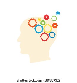 Alzheimer disease concept with human brain by gears visualization in a head silhouette. Stock vector illustration for mental and memory illness.