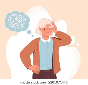 Alzheimer disease concept. Old woman with dementia or memory loss with confused thoughts. Grandmother with Parkinson disease not remember. Treatment and prevention. Cartoon flat vector illustration