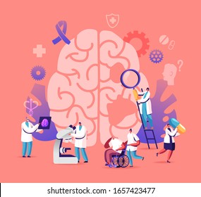 Alzheimer Disease Concept. Tiny Doctors Walking around of Huge Human Sick Brain with Medical Icons and Purple Awareness Ribbon. Senior People Dementia and Memory Loss. Cartoon Flat Vector Illustration