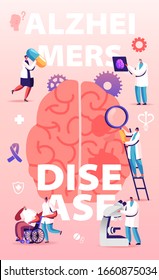 Alzheimer Disease Concept. Tiny Doctors Walking around of Huge Human Sick Brain, Purple Ribbon. Senior People Dementia and Memory Loss Poster Banner Flyer Brochure. Cartoon Flat Vector Illustration