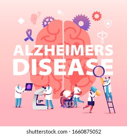 Alzheimer Disease Concept. Tiny Doctors Walking Around Of Huge Human Sick Brain, Purple Ribbon. Senior People Dementia And Memory Loss Poster Banner Flyer Brochure. Cartoon Flat Vector Illustration