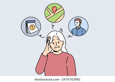 Alzheimer disease or dementia in old woman who forgets dates and faces or gets confused in space. Problem of alzheimer and lack of memory in elderly lady who does not take pills prescribed by doctor