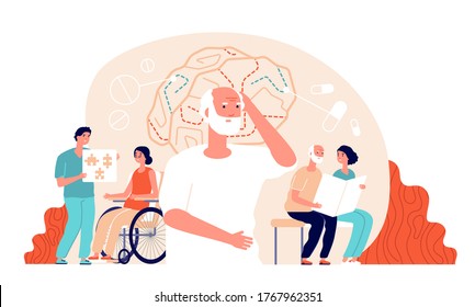 Alzheimer disease. Illness neurology therapy. Elderly loss memory, brain treatment. Senior patient medical rehabilitation vector concept