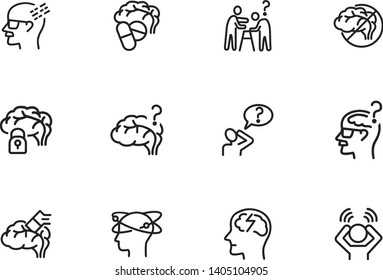 Alzheimer disease line icon set. Brain, bad memory, pills. Health concept. Can be used for topics like mental disorder, senility, symptoms