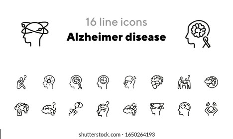 Alzheimer disease line icon set. Brain, bad memory, pills. Health concept. Can be used for topics like mental disorder, senility, symptoms