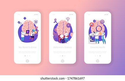 Alzheimer Disease Mobile App Page Onboard Screen Template. Tiny Doctors Characters Walking Around Of Huge Human Sick Brain. Senior People Dementia And Memory Loss Concept. Cartoon Vector Illustration