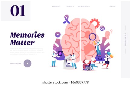 Alzheimer Disease Website Landing Page. Tiny Doctors Walking Around Of Huge Human Sick Brain, Senior People Dementia And Mind Memory Loss Problem Web Page Banner. Cartoon Flat Vector Illustration