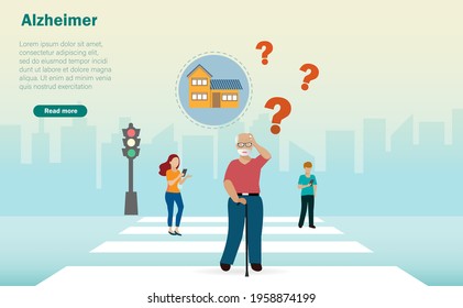 Alzheimer Diseases, Memory Loss,  Neurology And Mental Health In Senior People. Elderly Man Walking On Street Lost His Way Home, Unable To Recall His Memory Due To Alzheimer Symptom.