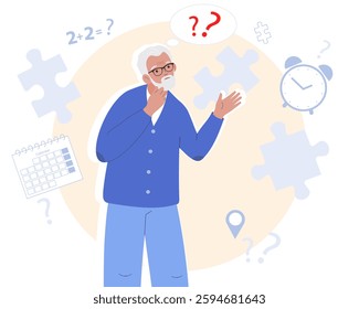 Alzheimer illness concept. Elderly man thoughts get confused in head. Senile dementia, problems with brain and memory.  Flat vector illustration