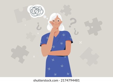 Concepto de enfermedad alzheimer. Mujer mayor con gafas tratando de recordar algo. Enfermedades de la vejez, problemas con el cerebro y la memoria. Amnesia y demencia. Dibujo vectorial plano de dibujos animados