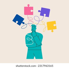 Alzheimer illness concept. Man trying to remember something. Problems with brain and memory. Colorful vector illustration
