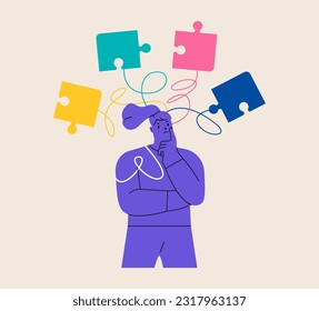 Alzheimer illness concept. woman  trying to remember something. Problems with brain and memory. Colorful vector illustration
