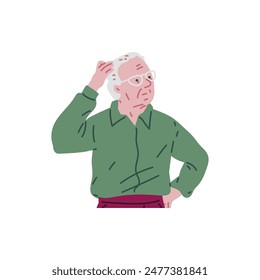 Alzheimer illness disease old male patient. Elderly confused man with glasses memory loss, brain disease amnesia and dementia. Cartoon trying remember vector grandfather character