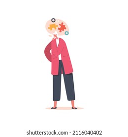 Alzheimer Illness Disease Patient, Senility Concept. Senior Mature Woman Character Suffering From Brain Disease And Memory Loss Standing With Puzzles Flying Around. Cartoon People Vector Illustration