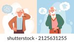 Alzheimer illness disease patients concept. Set of elderly confused man and woman with memory loss and puzzles flying around. Brain disease in pensioners. Cartoon contemporary flat vector collection