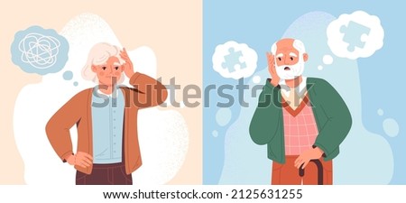 Alzheimer illness disease patients concept. Set of elderly confused man and woman with memory loss and puzzles flying around. Brain disease in pensioners. Cartoon contemporary flat vector collection