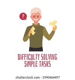 Alzheimer illness infographic with elderly senior man has difficulty solving simple puzzle task, flat vector illustration isolated on white background.