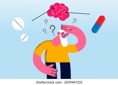 Alzheimer illness and memory loss concept. Sad elderly depressed man standing touching head trying to remember and working his brain vector illustration