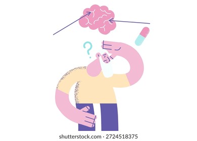 Doença de Alzheimer e conceito de perda de memória. Triste idoso deprimido homem de pé tocando a cabeça tentando lembrar e trabalhando sua ilustração do vetor cerebral