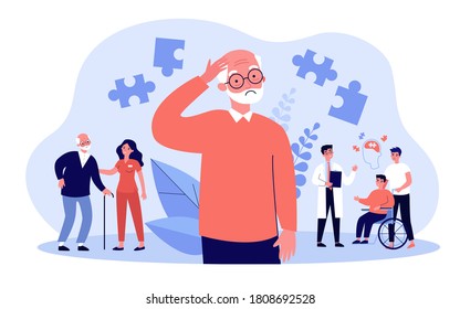 Alzheimer Patients Concept. People Suffering From Brain Disease And Memory Loss, Getting Medical Help. Vector Illustration For Neurology Therapy, Mental Illness Risk Topics