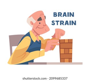 Alzheimer Prevention with Elderly Man Brain Straining Playing Puzzle Game Vector Illustration