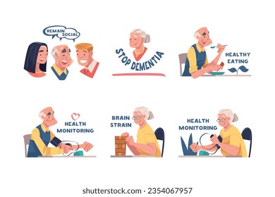 Alzheimer Prevention with Elderly Man and Woman Doing Different Activity Vector Illustration Set