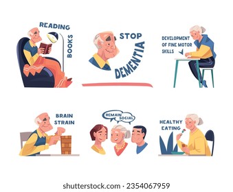 Alzheimer Prevention with Elderly Man and Woman Doing Different Activity Vector Illustration Set