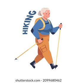 Alzheimer Prevention with Elderly Woman with Backpack Hiking or Trekking Vector Illustration