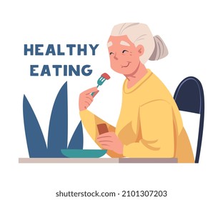 Alzheimer Prevention with Elderly Woman Healthy Eating Vector Illustration