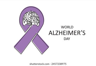 Alzheimer s day simple background, web banner, poster with ribbon and brain. One continuous line drawing background with lettering Alzheimer s day.