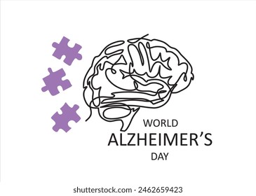 Alzheimer s day simple background, web banner, poster with brain and puzzle. One continuous line drawing background with lettering Alzheimer s day.