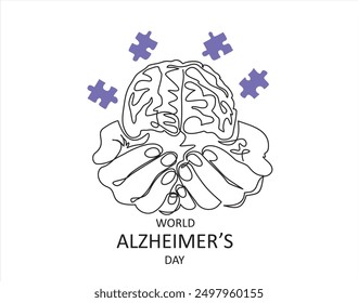 Alzheimer s day simple background, web banner, poster with brain and puzzle. One continuous single line of hands hold brain. 