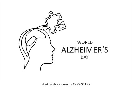 Alzheimer s day simple background, web banner, poster with brain and puzzle. One continuous line drawing background with lettering Alzheimer s day.