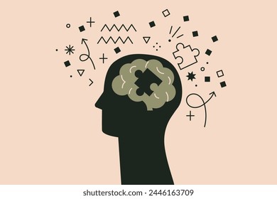 Alzheimer, trauma, autism, memory loss, dementia, epilepsy disease vector illustration with doodles. Human brain lacking a piece of puzzle. Concept of  brain function. Abstract human head profile