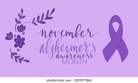Alzheimers awareness month Novermber handwritten lettering. Purple support ribbon. Web banner vector template