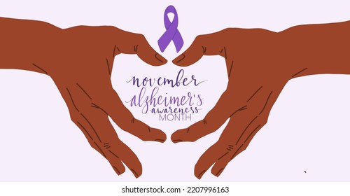 Alzheimers awareness month Novermber handwritten lettering. Purple support ribbon. Web banner vector template