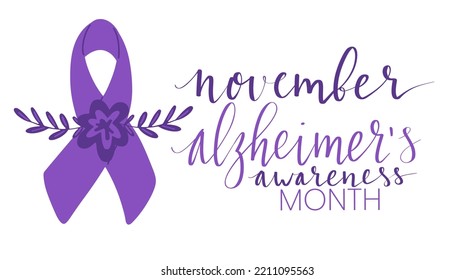 Alzheimers awareness month Novermber handwritten lettering. Purple support ribbon. Web banner vector template
